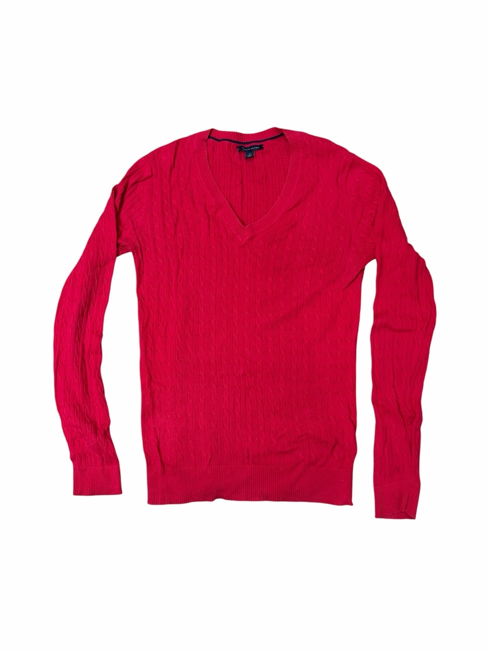 Tommy Hilfiger Red Cable Knit V-Neck Sweater Medium 100% Cotton Long Sleeve